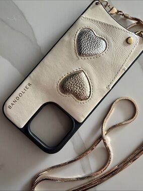 Bandolier Cream Leather Phone Crossbody with Gold Heart Accents